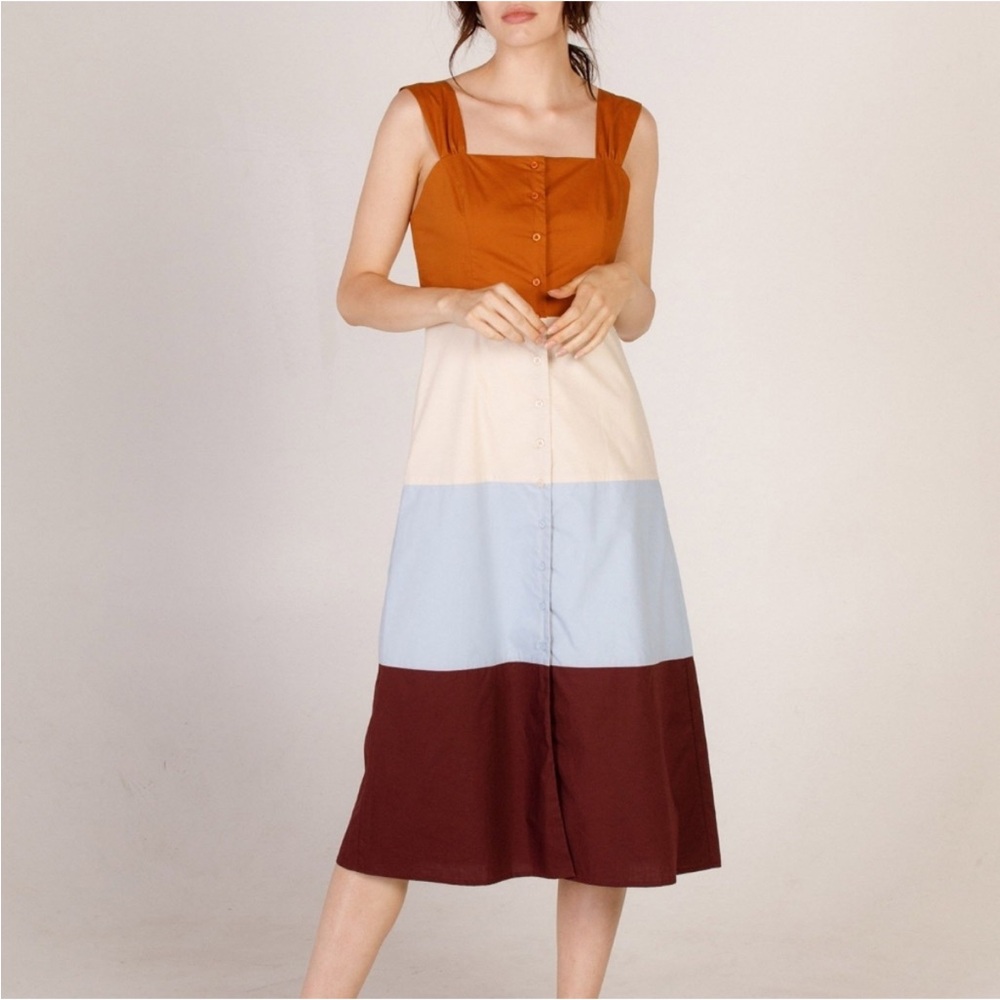 Moodie Colorblock Midi Dress Multicolor Button Front Ruffle Strap Summer M